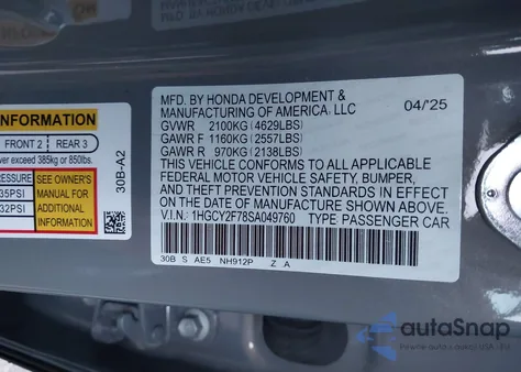 2025 Honda Accord Hybrid Sport-L z USA, uszkodzony, nr VIN 1HGCY2F78SA049760